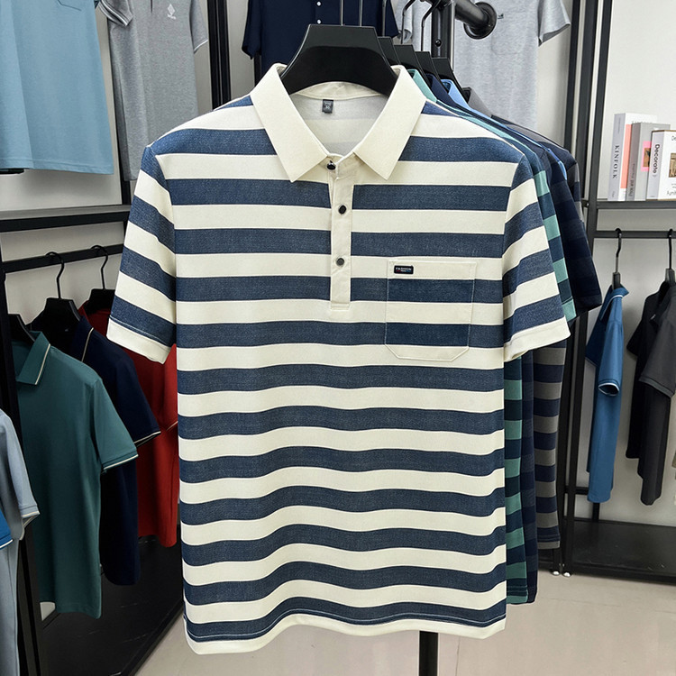 夏の新作メンズ半袖Tシャツ中年紳士本物のポケットストライプ半袖ラペルTシャツメンズ外国貿易|undefined
