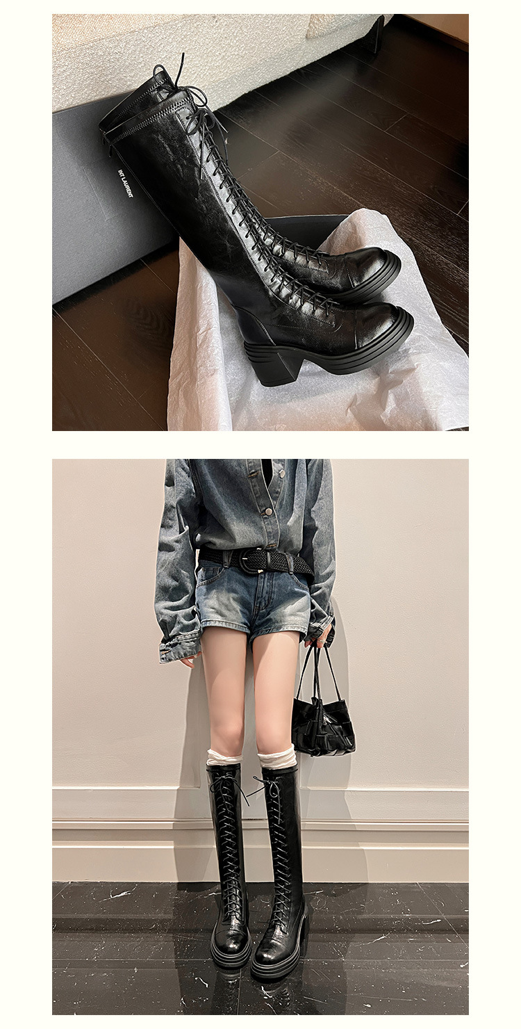 Boot nữ cổ cao ôm bắp chân đế dày dây buộc phong cách kỵ sĩ — Da lộn đen chi tiết 10