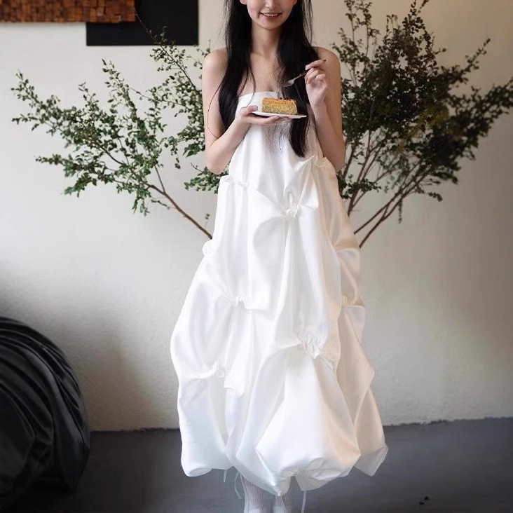 French Retro Satin White Strapless dress Women's Tight Waist Slimming Elegant Long Sleeve Midi Skirt French Retro Satin White Strapless dress Women's Tight Waist Slimming Elegant Long Sleeve Midi Skirt