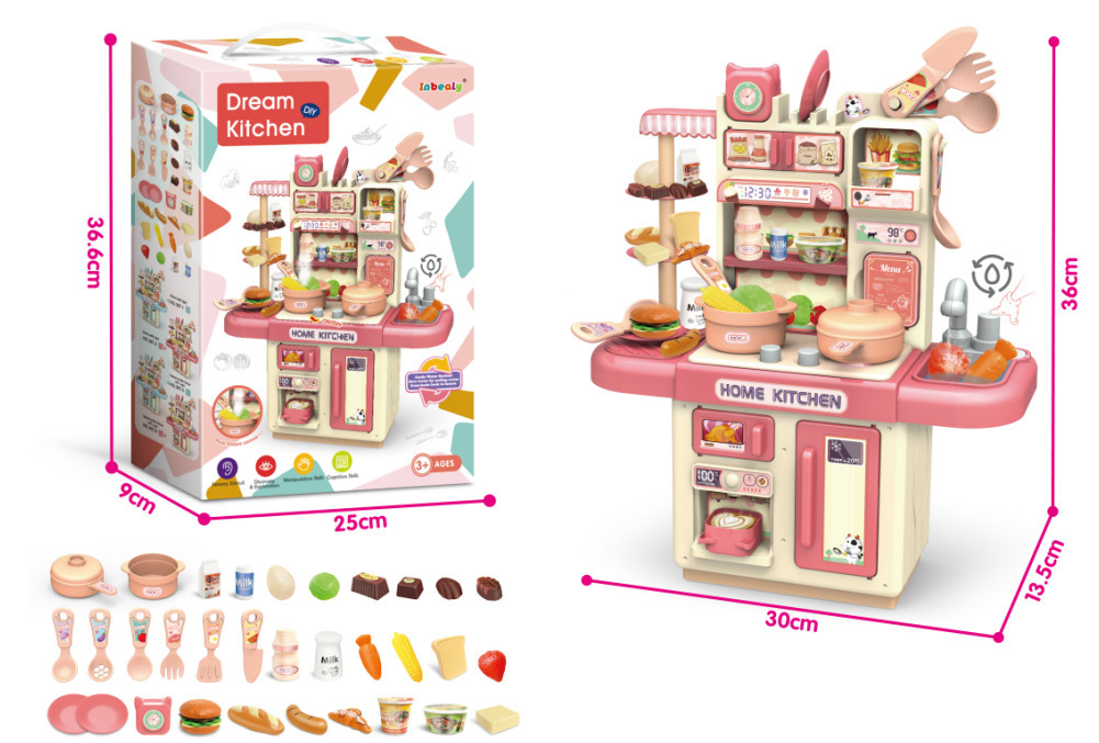 Comercio exterior infantil simulación de 36CM pulverización de luz de cocina de agua conjunto de mesa de platos de cocina de juguetes