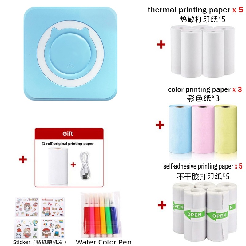 C15 블루-영어 판 [열 종이 1 롤, 열 종이 5 롤, 색종이 3 롤, 자체 접착 5 롤, 수채화 펜 스티커 6 개 포함]]