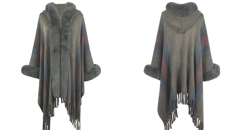 Cape à capuche châle à franges en tricot rayé pour femme_voghion.com