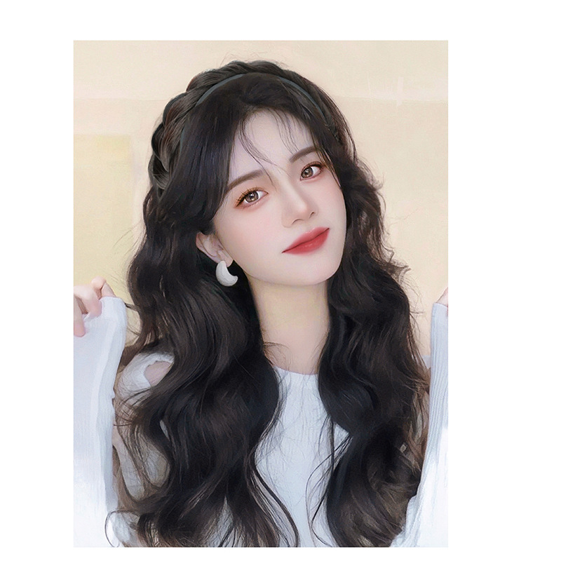 Long Straight Curly Hair Wig with Braided Bun, Fluffy High Crown Hairpiece, Integrated Fishbone Braid Half Wig