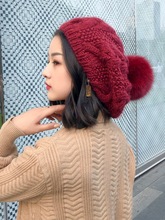 韩国狐狸毛球毛线帽女时尚百搭秋冬季保暖蓓蕾帽子麻花纹贝雷帽潮