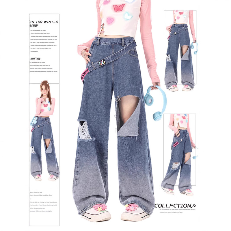 American Retro Side Zipper Dark Blue Ripped Jeans for Women Fat mm Large Size Loose Slimming Look Straight Wide Leg Pants