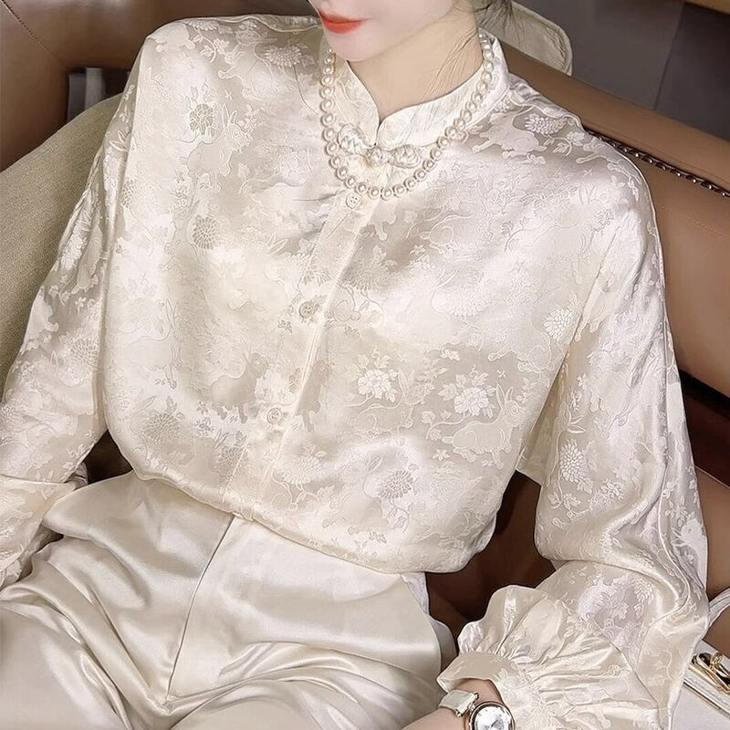 Xiangyun Yarn Long Sleeve New Chinese Style Shirt Mulberry Silk Top Women's 2023 Early Autumn Collar Retro Guofeng Silk Shirt