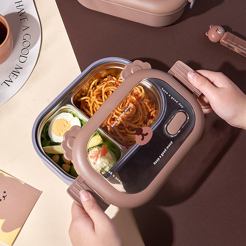 Creative bear stainless steel divided lunch box children's water-filled thermal insulation household rice bowl student office worker lunch box