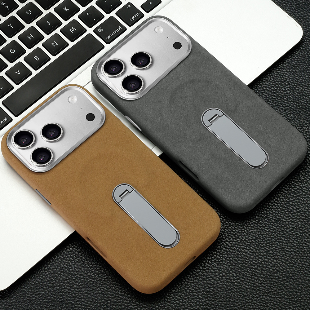 Ốp lưng iPhone 16/17 Pro da lộn từ tính có chân đứng ẩn — màu đen, nâu, màu xám, Kaki chi tiết 16