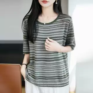 拼色条纹棉麻短袖女2026夏季新款撞色针织薄款T恤宽松半袖上衣潮
