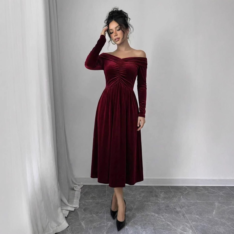 Women's Autumn Velvet Solid Color High Waist Slim Long Sleeve Off-Shoulder Long Dress
