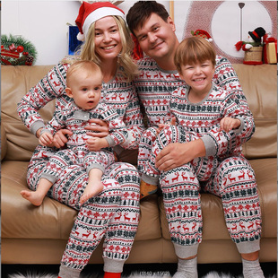 Cross-Border 2025 New Year Family Clothing Christmas Family Clothing Family Clothing Spring & Fall Elk Print Family Pajamas Home Clothing