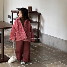 女童皮毛一体保暖外套2024冬季新款儿童韩系加厚仿羊毛短款皮草潮