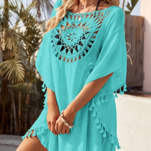 2021 cross-border new sexy off-the-shoulder hollow-out loose plus size tassel bikini ins style outdoor beach blouse