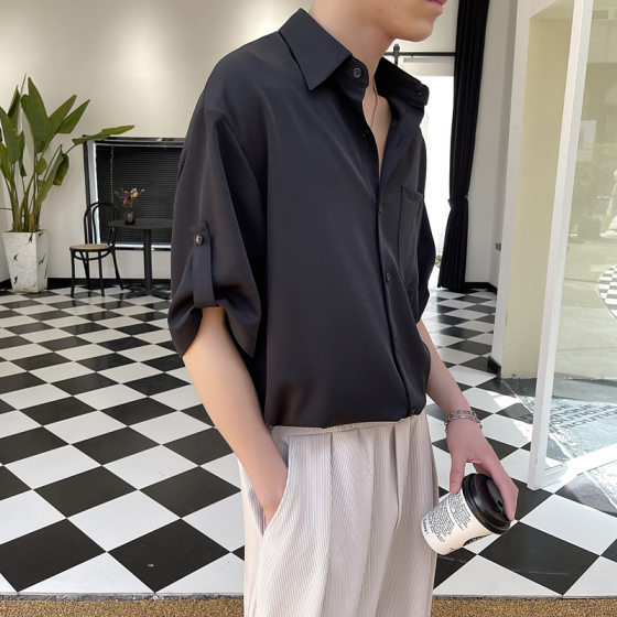 brown Seven-Sleeve Ice Silk Shirt Men's Hanging Sense Korean Style Light Mature Style High-end Sense Spring and Summer Short-sleeved Shirt Ins Trendy
