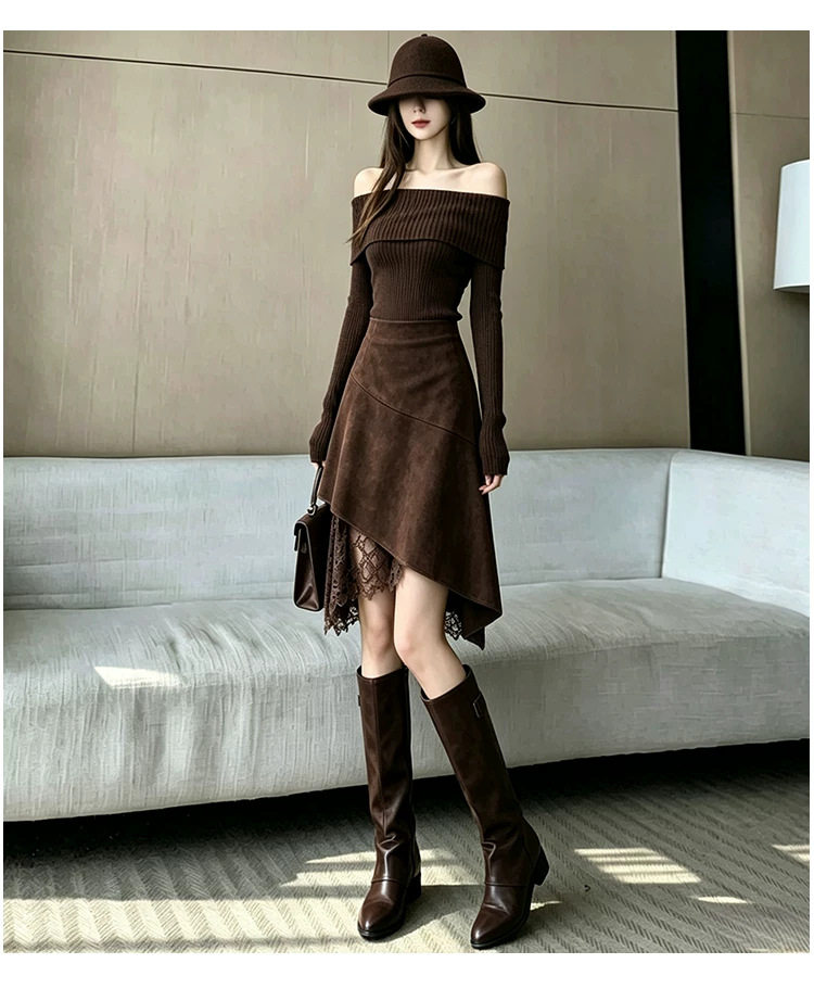 Chân váy nữ dáng chữ A eo cao lưng cao phong cách thanh lịch, chất liệu da hươu mềm mịn, thiết kế bất đối xứng, dáng trung dài — Màu cà phê đậm, màu kaki, đen chi tiết 24