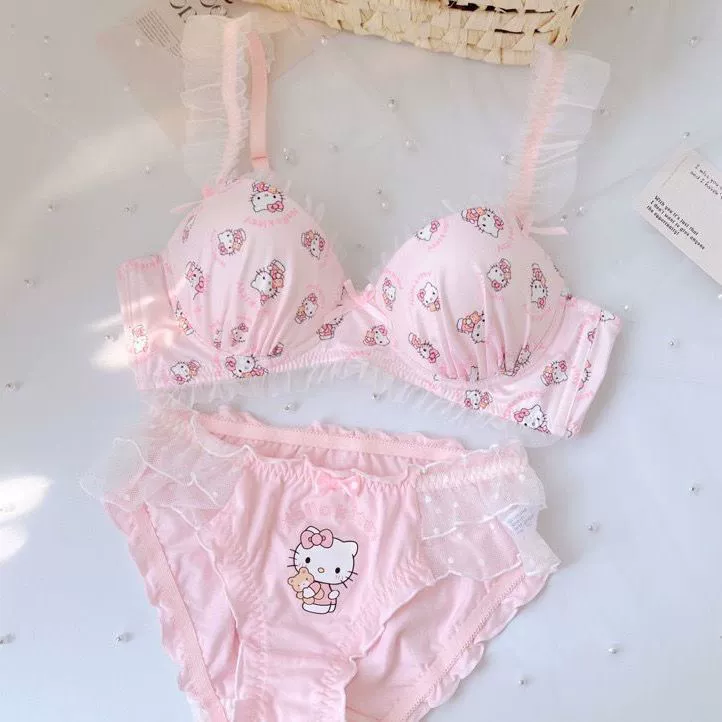 Japanese cute lace wireless bra, supporting push up bra, thin set