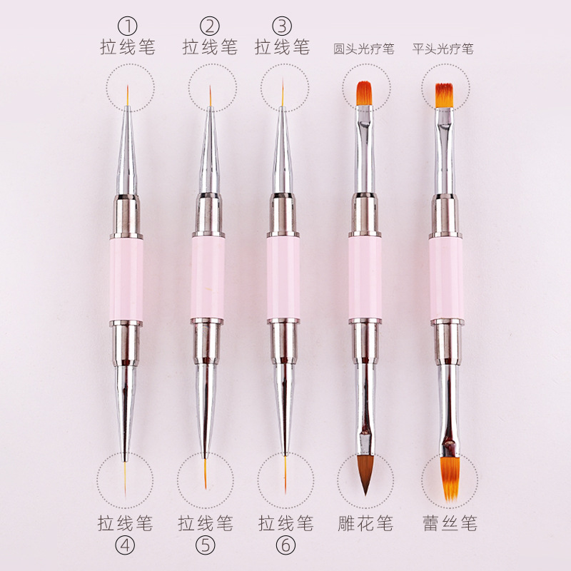 Herramienta de uñas cepillo de doble cabeza de doble propósito dibujo línea pintura flor pluma fototerapia cabeza redonda plana cristal encaje conjunto de la pluma