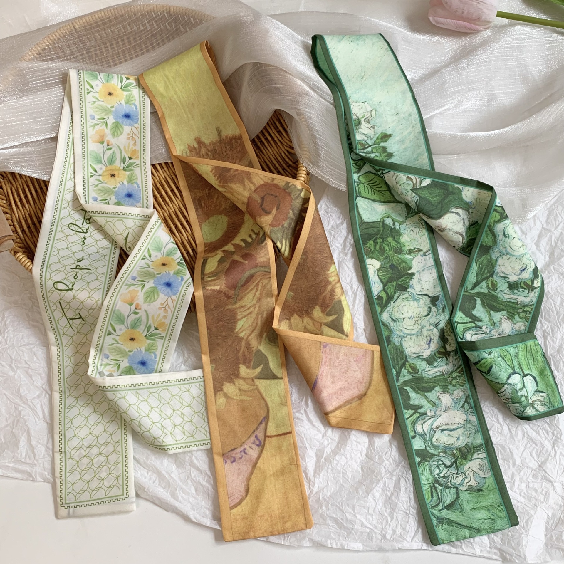 Pañuelo de seda largo, atmósfera coreana, nueva serie fresca, temperamento, pañuelo en la cabeza de alta gama, cinta para el cabello, bolsa para el cabello, cinta