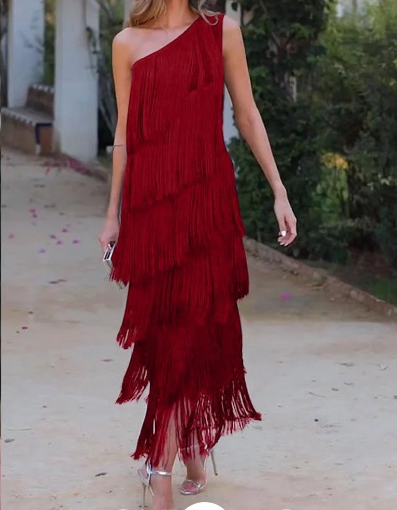 2024 Spring Summer New European And American Foreign Trade Fashion Tassel Asymmetric Off-Shoulder Dress Evening Gown_ecoleips.com