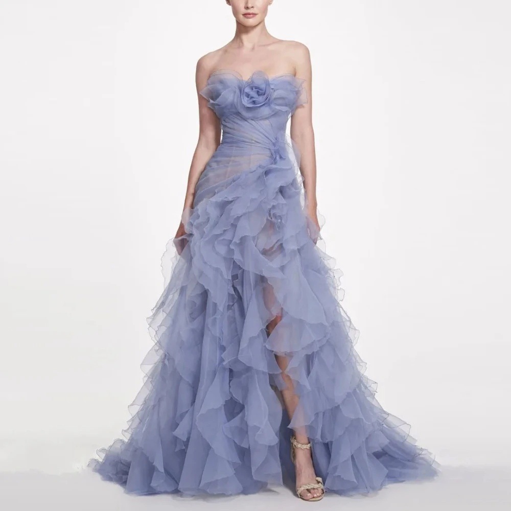 Light Blue Strapless Evening Dress Fairy Engagement Luxury Fugitive Princess Dress Stage Model Catwalk Dress