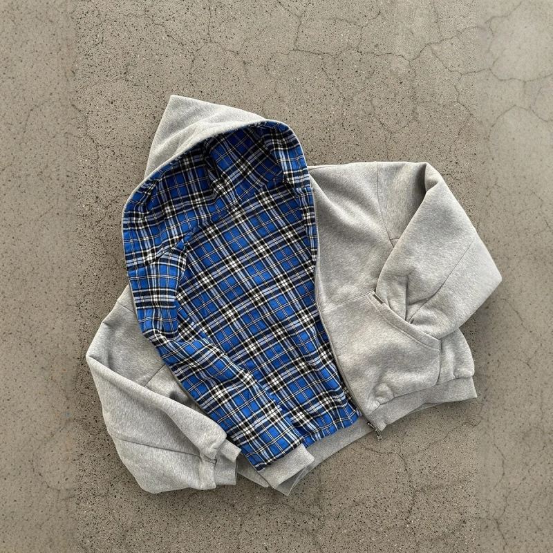 European and American Cross-Border Plaid Splicing Two-Wear Hoodie Y2K Retro Casual Plaid Sweatshirt Loose and Versatile Top Trendy