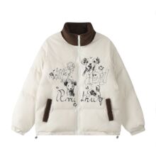 2025冬季新款现货立领撞色印花涂鸦拉链加厚棉衣口袋面包服女外套