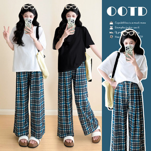 Actual Shot of 2025 Summer Maternity Suit, Lazy Style V Neck, Simple Short-Sleeved Design, Slimming Look Wide-Leg Pants Two-Piece Set