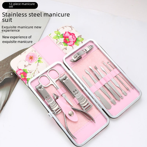 Stainless steel nail clipper set of 12 pieces, cross-border women's flower nail grooming tool set, large nail clipper set