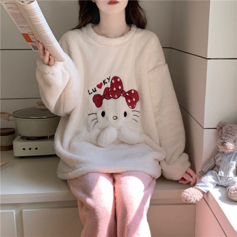半边绒睡衣女秋冬季加厚保暖甜美卡通珊瑚绒少女家居服套装可外穿|undefined