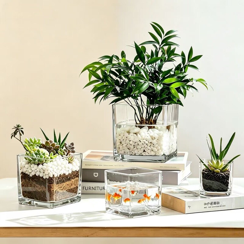 Hydroponic Vase Glass Container Transparent Square Jar Green Plants Succulent Small Flower Pot Desktop Micro Landscape Decoration Fish Tank