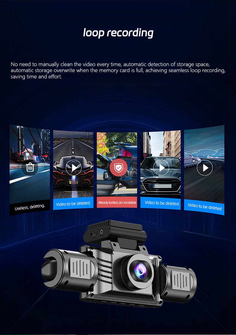 3inch Large-screen quad-recording dashcam with infrared night vision, gravity sensor, radar, parking sentinel, and in-car recorder