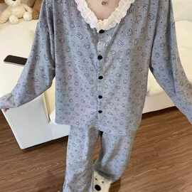 夏季新款韩版睡衣女甜美蕾丝花边蜡笔小新家居服套装