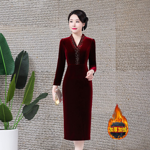 Fleece-lined Thickened 2021 Autumn and Winter New Fashion Slim-fit Velvet Cheongsam Dress Improved Elegant Slim-fit Mid-length