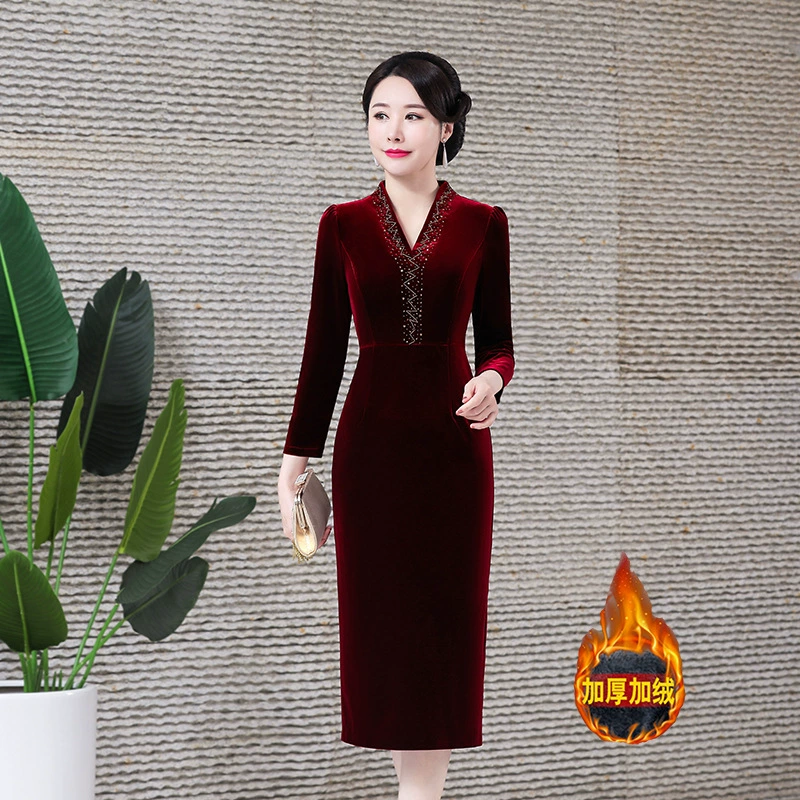 Утепленное платье-Чонсам на флисовой подкладке, новая мода 2021, Осень-зима, приталенное бархатное платье-чонсам, элегантное приталенное платье средней длины