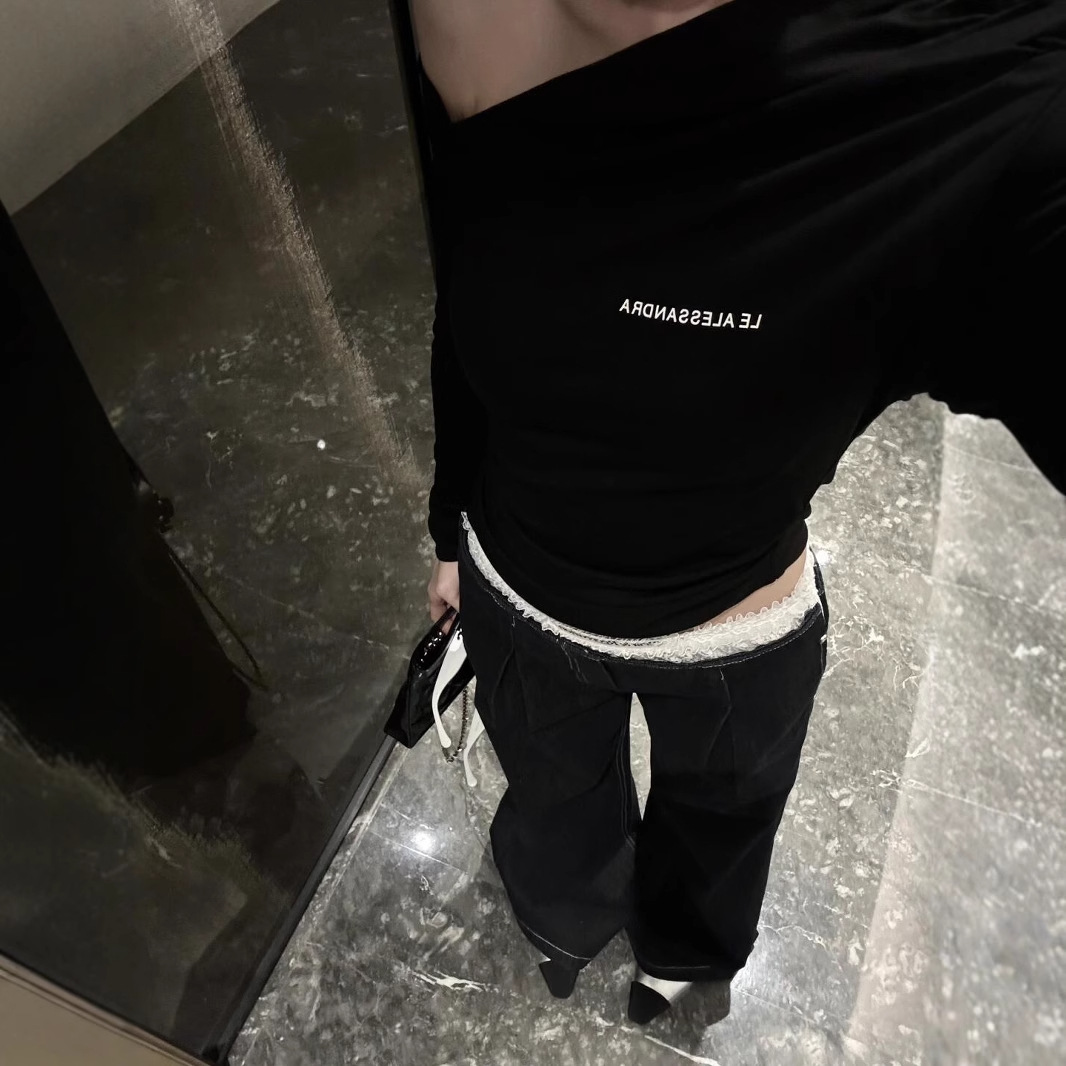 [재고] 난유 가을 레이스 바느질 허리 머리 느슨한 넓은 다리 청바지 여성