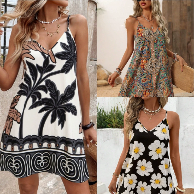 Летняя распродажа 2025: новое платье с V-образным вырезом и принтом на бретелях для женщин, европейский и американский стиль, трансграничная доставка через Amazon.