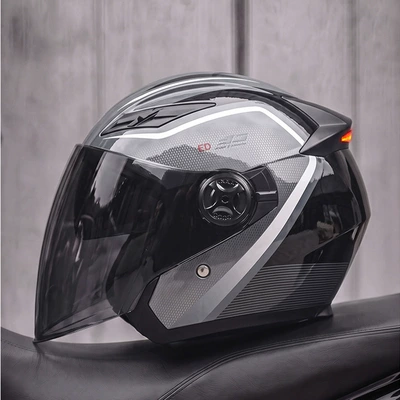 LED tail light, half helmet, Motosiklet kaskı (dəbilqə) - black-silver-ash-black-tea-mirror-free-transparent-mirror-msuitable-for-head-circumference-57-58-cm