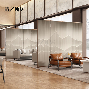 # New Chinese solid wood screen folding mobile office hotel lobby opaque partition double-sided luxury folding screen