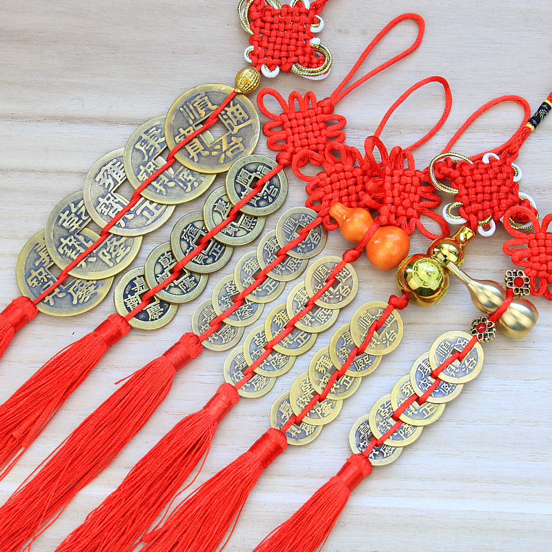 Real copper Qing Dynasty Five Emperors coins copper coin pendant Red rope Chinese knot pendant Qiandaojia Five Emperors coins car pendant
