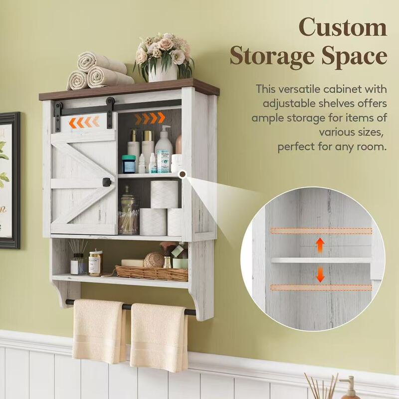 Wooden Bathroom Storage Rack, Wall-Mounted Multifunctional Shelf, Pastoral Style with Sliding Barn Door, Cup Organizer