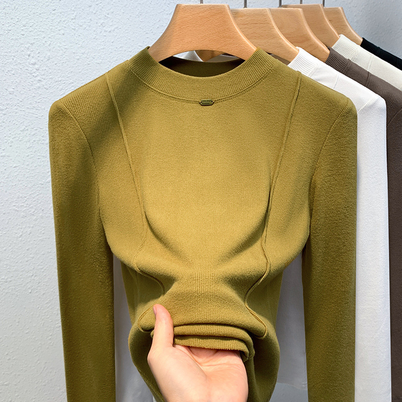 Camiseta de cuello alto para mujer, estilo europeo 2025, nueva moda femenina, color sólido, manga larga, con diseño que estiliza la cintura y capa interior con diseño de espina de pescado.