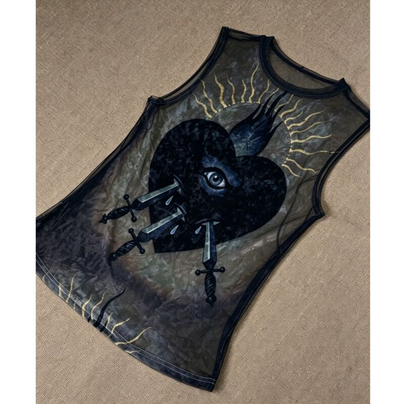 Subculture Punk Gothic Dark Devil's Eye Mesh Tank Top for Women, Summer Y2K Hot Girl Sheer Black Sleeveless Top Subculture Punk Gothic Dark Devil's Eye Mesh Tank Top for Women, Summer Y2K Hot Girl Sheer Black Sleeveless Top