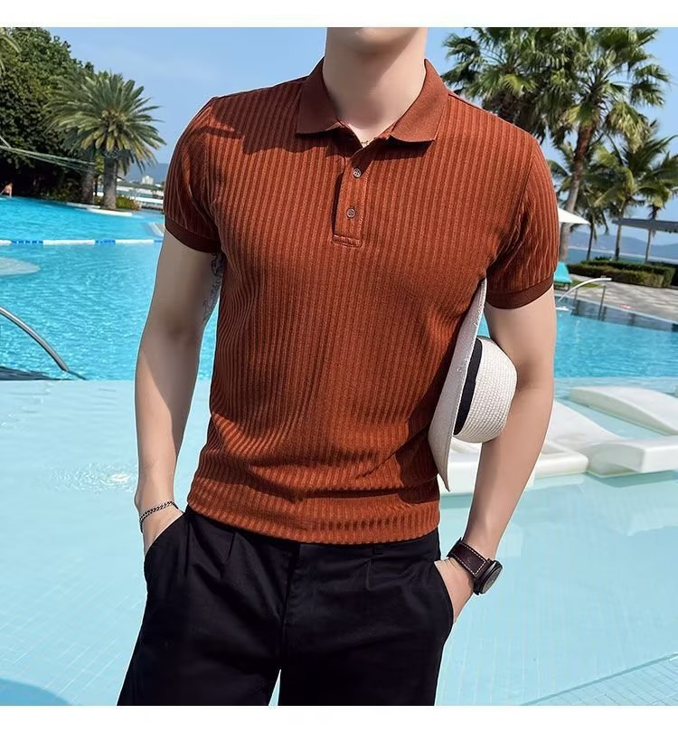 Camicia in polp intrecciato a righe estive 2023 T-shirt in seta di ghiaccio Versatile tinta unita comoda manica corta - stampabile Tiktok_voghion.com