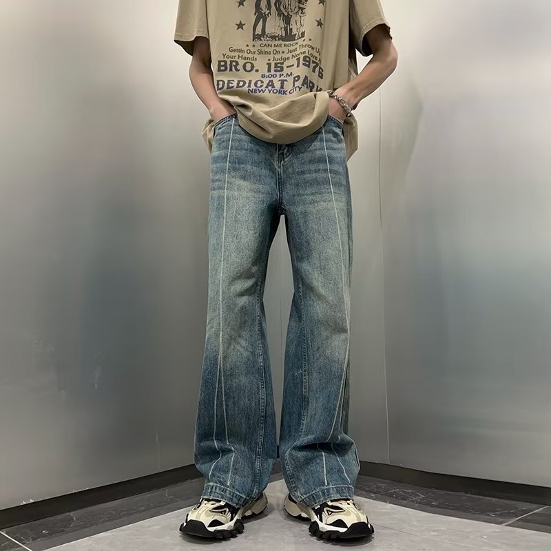 2023 new American high street blue dark gray two-color retro hip hop heavy industry washed hand-brushed straight jeans