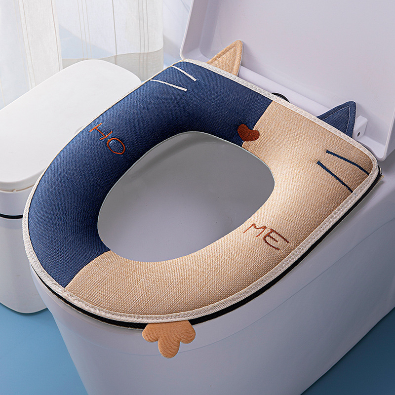 四季対応 猫柄 コントラストデザイン ハンドル付きトイレマット ジッパー式シートクッション トイレカバー 刺繍入りトイレカバー|undefined