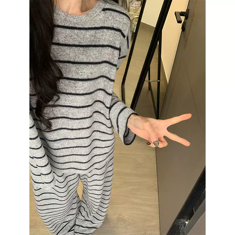 2025新款条纹长裤长袖秋冬加厚保暖睡衣女弹力韩版宽松家居服套装