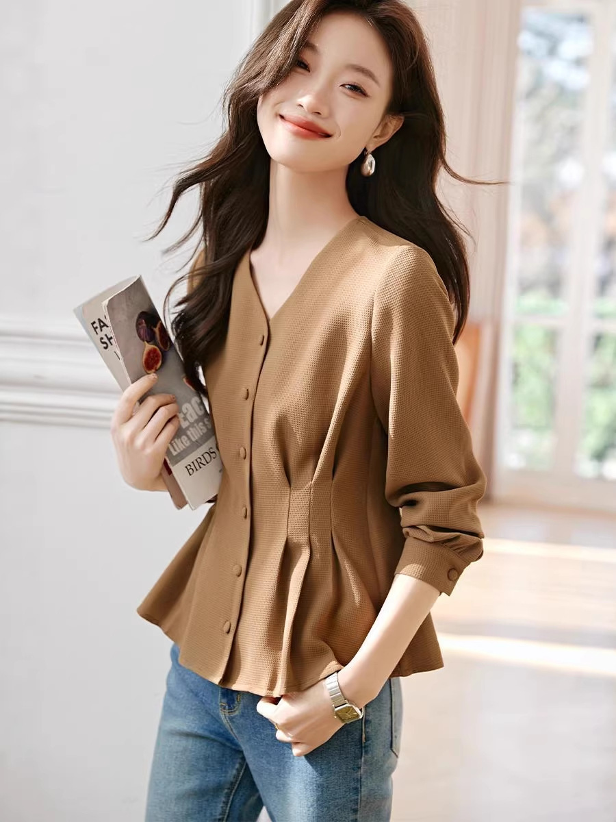 Áo sơ mi nữ dài tay chất liệu voan trắng phong cách Pháp — màu nâu nhạt