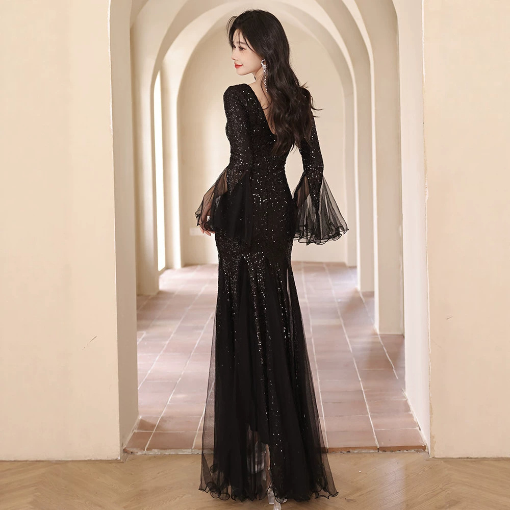 New Black Evening Gown For Women Elegant Luxurious Niche Style Mermaid Fit Long Dress With Sequins_ecoleips.com