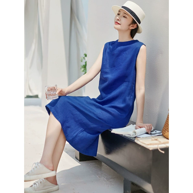 2025 новое летнее женское платье сзади на пуговицах, индиго, литературное, без рукавов, свободное, льняное, элитное, длинная юбка
