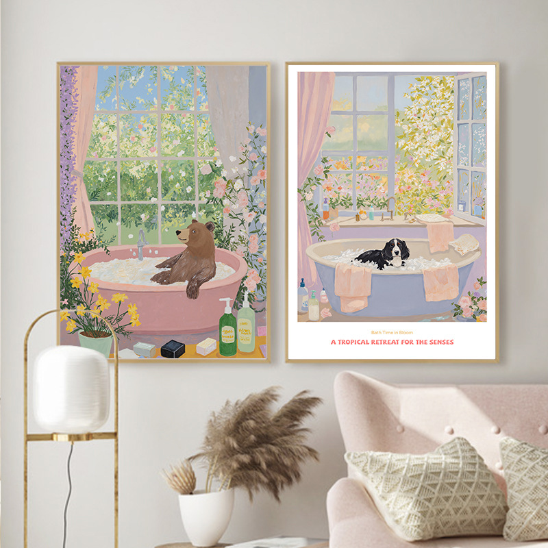 Korean Ins Niche Art Fresh Healing Dog Bath Bathroom Living Room Decoration Hanging Painting Oil Canvas Painting Core